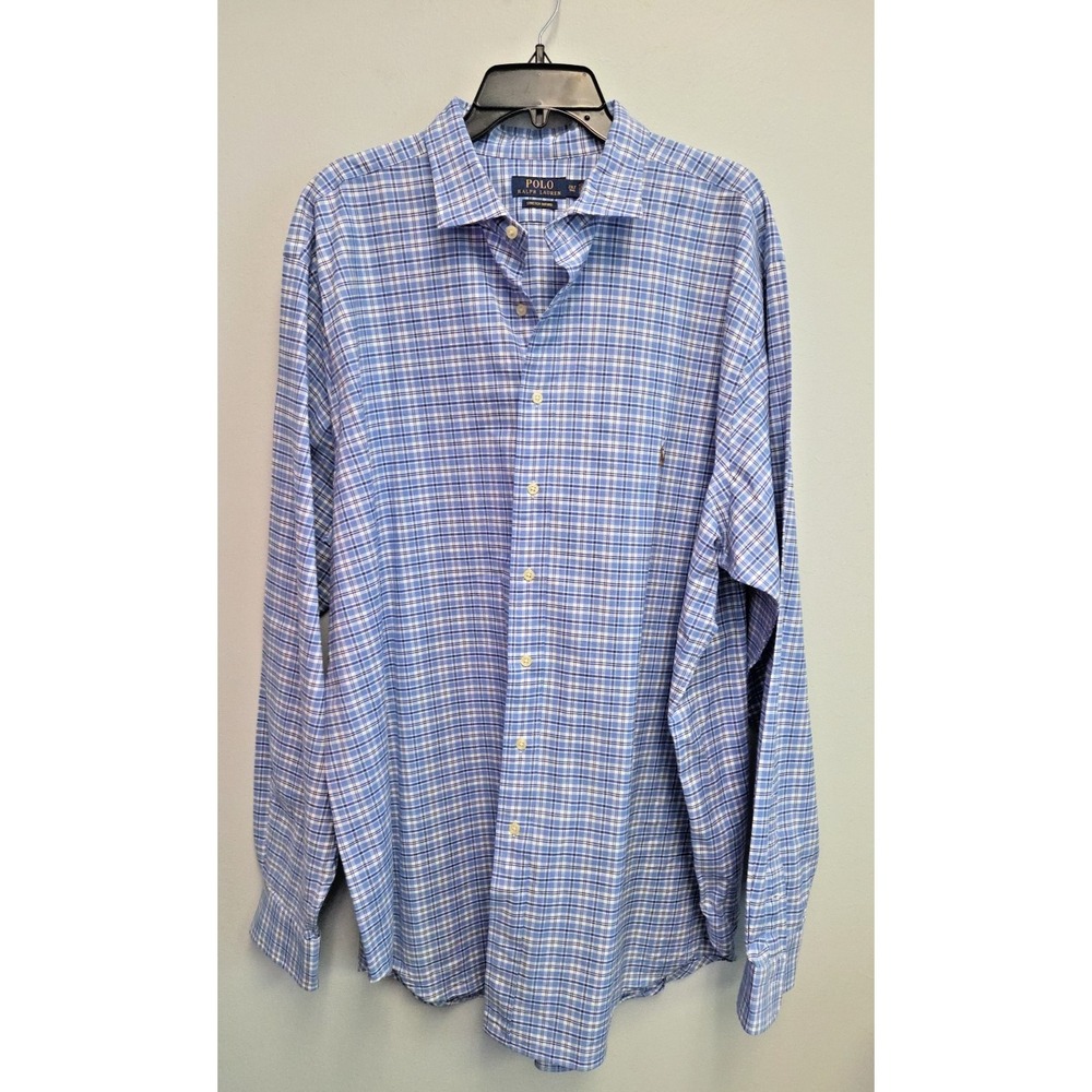 Ralph Lauren 2XLT Stretch Oxford Button Down Blue Plaid‎ Flesh Pony Logo